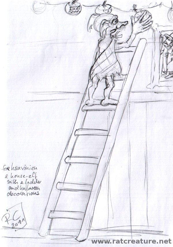 a house elf on a ladder with Halloween decorations