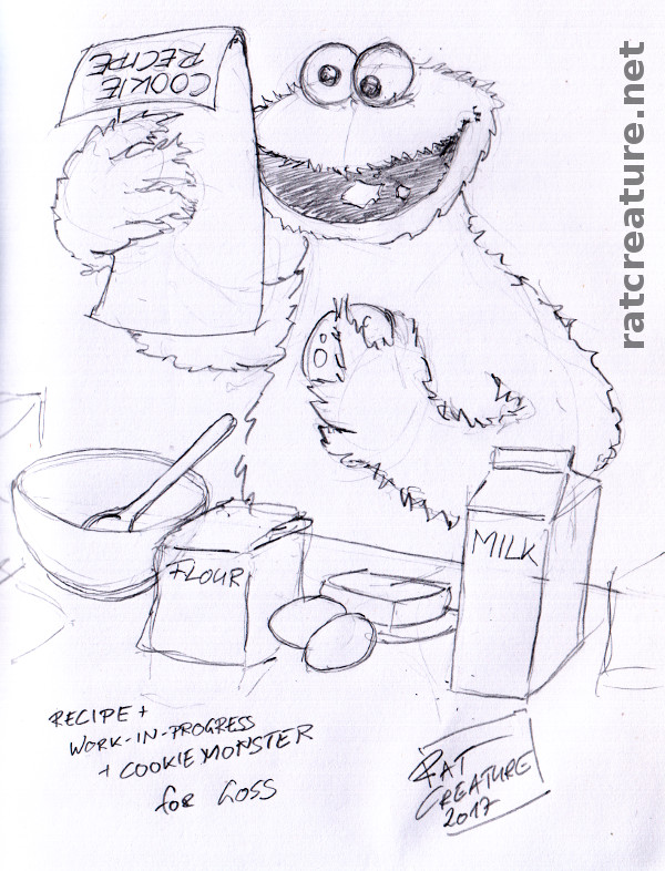 Cookie Monster + recipe + works-in-progress for goss