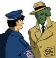 J'onn wearing his 'John Jones' trenchcoat (but with at least some of his aaalien showing, either shape-wise, or with his skin being green, or the eyes -- or all three) caught mid-conversation with Officer Dick Grayson for buggery