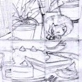 a nine panel comic page as practice in establishing mood visually, pencils